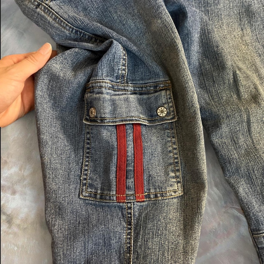 Clap Jeans Vintage 2000s Low Rise Baggy Cargo Flare Jeans Blue Y2K Size 11 - Picture 3 of 8